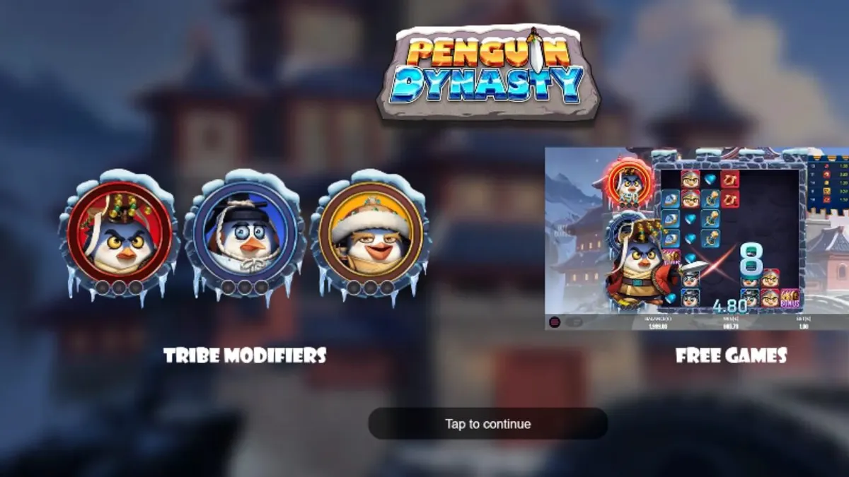 Penguin Dynasty slot game grid dengan tema istana es dan prajurit penguin