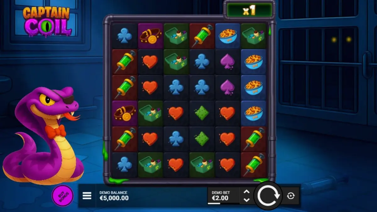 Tampilan visual laboratorium steampunk dalam slot Captain Coil dengan elemen mekanis dan karakter ular ilmuwan.